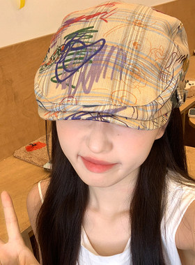复古涂鸦格子前进帽女春秋季小众