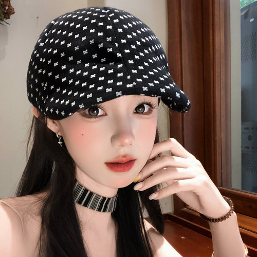 韩系蝴蝶结印花黑色前进帽子女款