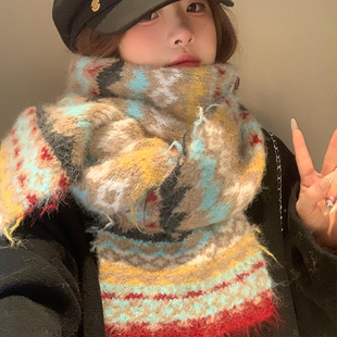 费尔岛风马海毛围巾女2026年新款秋冬季保暖复古高级感针织围脖潮