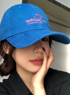 韩系字母刺绣蓝色棒球帽女款加深硬顶帽子大头围宽帽檐新款鸭舌帽
