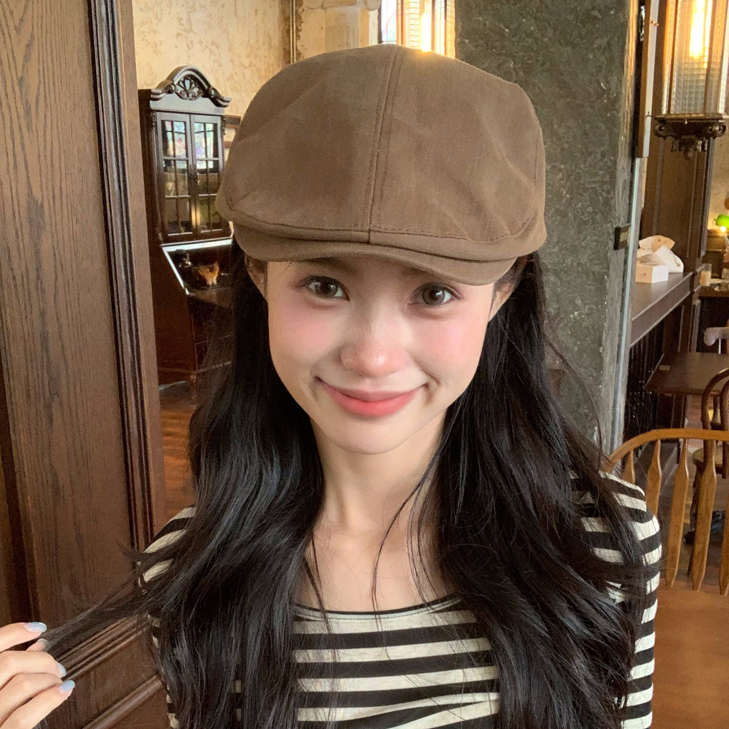 日系复古棕色贝雷帽女大头围帽子