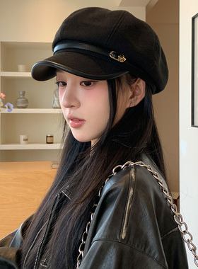 日系复古文艺风黑色鸭舌贝雷帽女休闲百搭气质显脸小八角云朵帽子