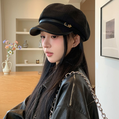 日系复古文艺风黑色鸭舌贝雷帽女