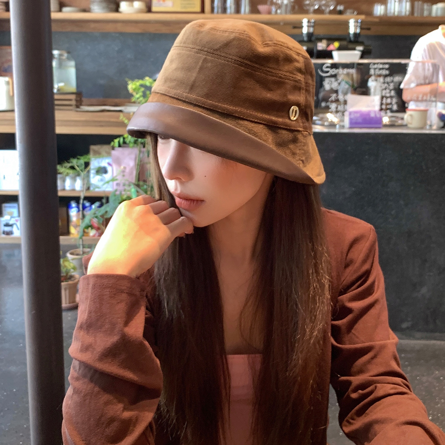 复古麂皮绒渔夫帽女秋冬季高级感