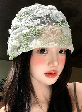 蕾丝花朵亮片网纱包头帽女士夏季