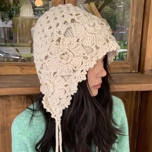 民族风手工钩织流苏针织帽女秋冬护耳出游大头围显脸小包头帽子潮