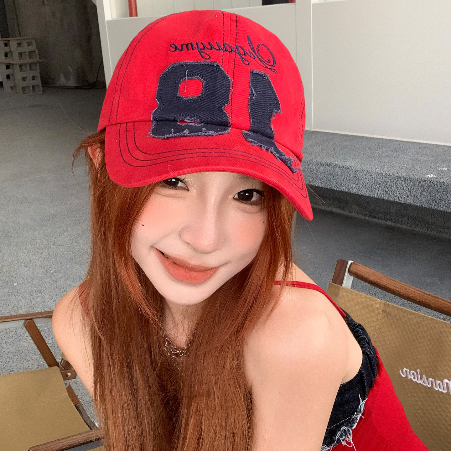 美式复古字母刺绣红色棒球帽女