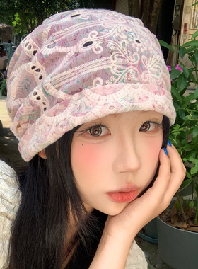 碎花镂空蕾丝绑带包头帽女夏季薄
