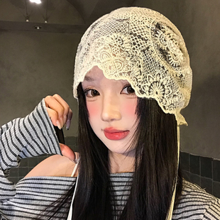 甜美蕾丝针织镂空花边包头帽女生氛围感日系抽绳复古冷帽堆堆帽子