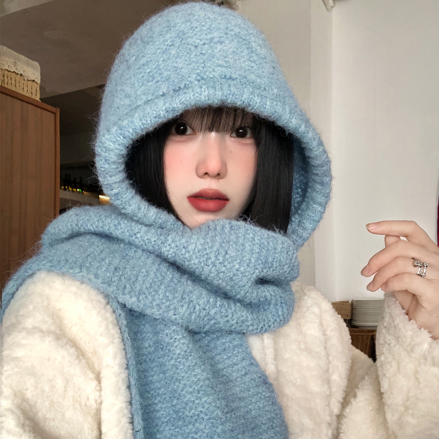 蓝色针织巴拉克拉法帽女士冬季加厚保暖韩系护耳毛线帽子围巾一体