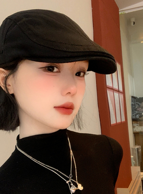 日系复古黑色前进帽女2026春夏薄款显脸小大头围反戴鸭舌贝雷帽子