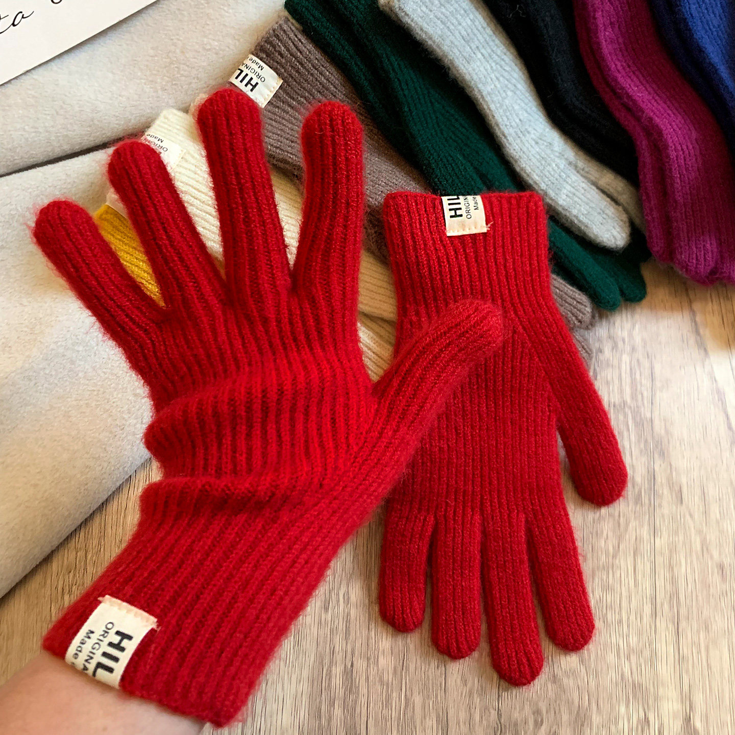 韩系纯色毛线针织手套女冬季长款保暖防寒五指分指防冻红色可触屏