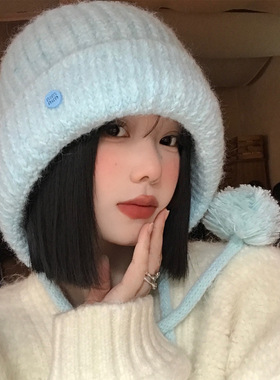 蓝色毛球针织护耳帽子女秋冬季显脸小保暖毛线帽韩版加厚套头帽潮