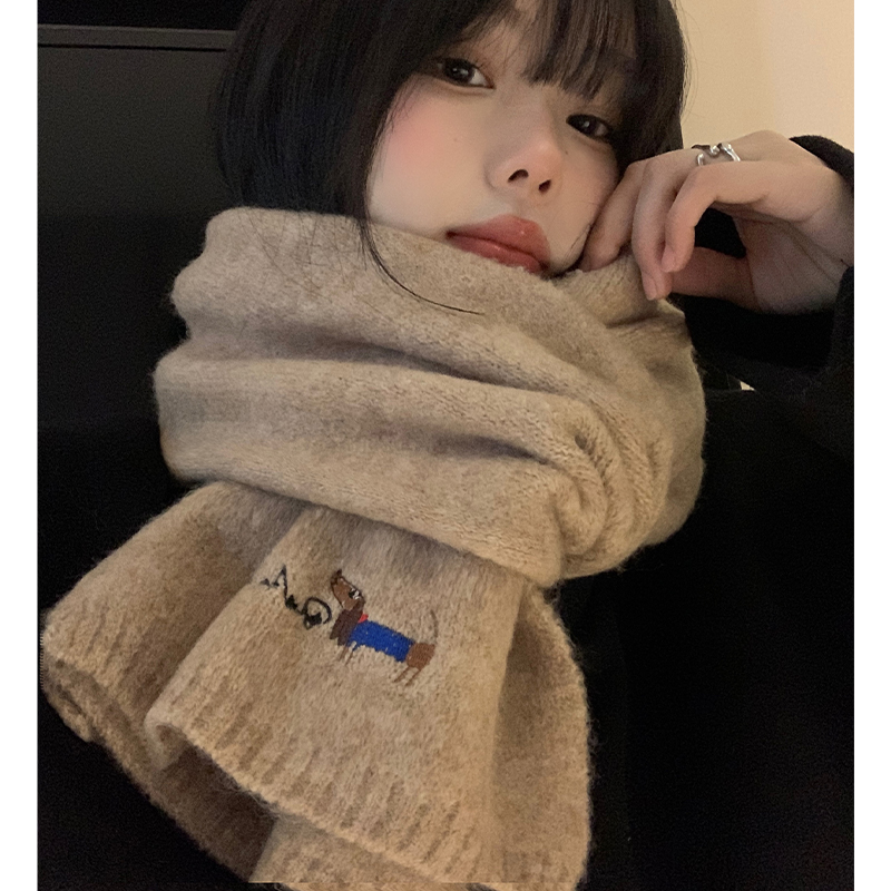 韩系可爱小狗刺绣仿羊绒纯色针织围巾女冬季2025新款百搭保暖围脖