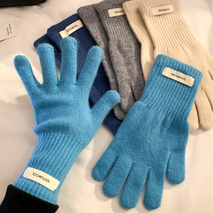羊毛混纺冰岛蓝针织手套女士冬季 加厚保暖防寒防风骑行分指可触屏