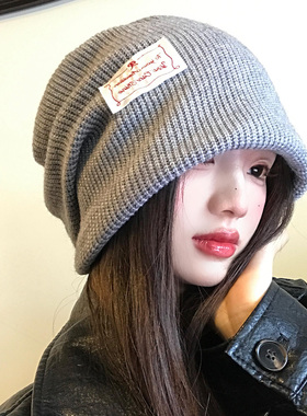 灰色大头围堆堆帽女2025新款秋冬登山针织冷帽保暖显脸小包头帽子