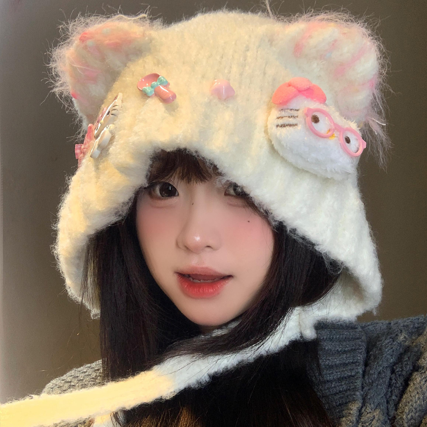 可爱kitty小熊耳朵针织护耳帽女