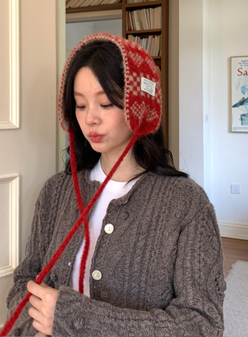 复古红色绑带耳罩女冬季氛围感