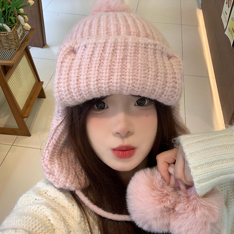 粉色针织护耳飞行帽女2025年秋冬