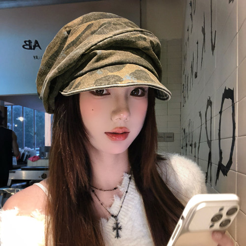 复古做旧迷彩牛仔贝雷帽女秋季时