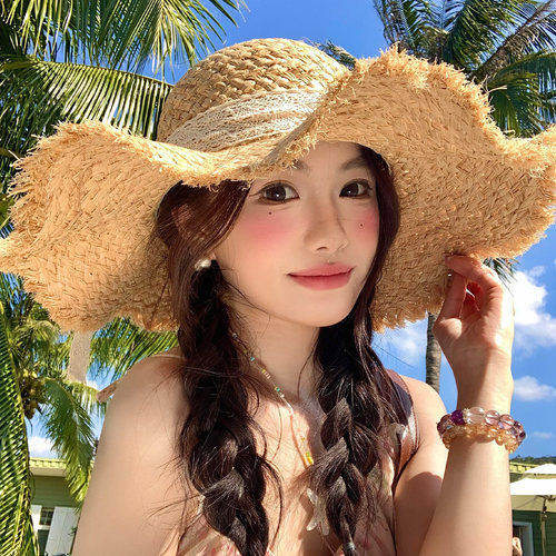 田园风蕾丝蝴蝶结编织草帽女夏