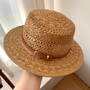 英伦风复古平顶草帽女夏季 镂空透气海边沙滩度假遮阳防晒太阳帽子