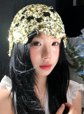 复古亮片镂空针织包头帽女夏季