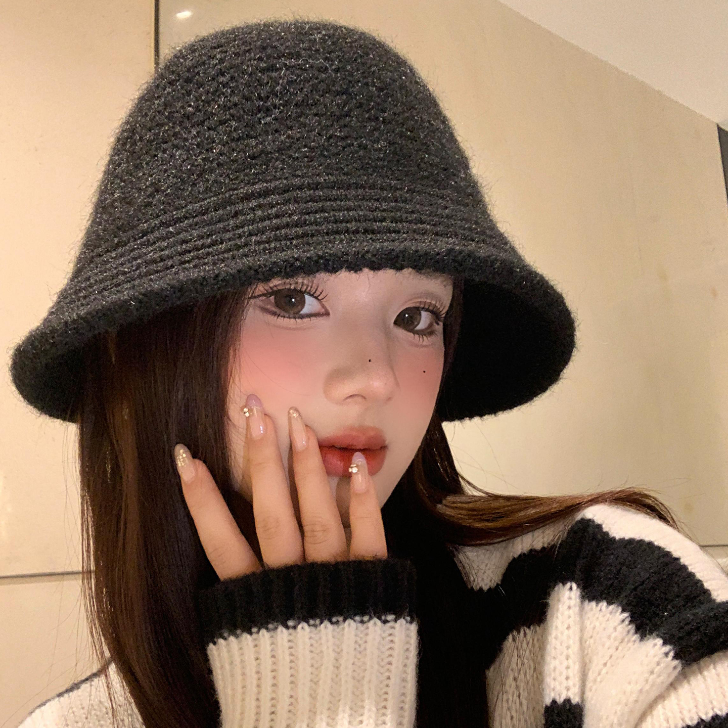 日系黑色针织渔夫帽女秋冬高级感