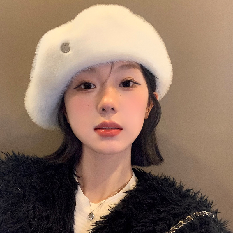 白色毛绒贝雷帽女2025年秋冬季日系显脸小帽子大头围百搭画家帽潮