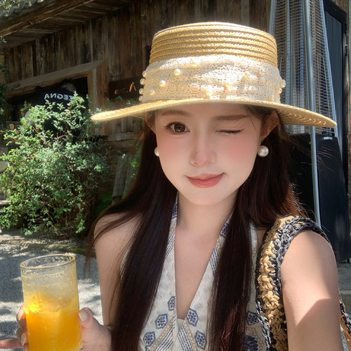 法式珍珠蝴蝶结平顶草帽女夏海边