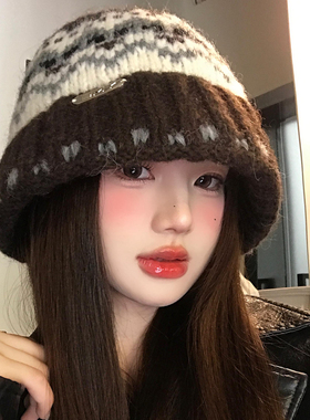 费尔岛风提花渔夫帽女秋冬季复古氛围感针织帽防寒保暖盆帽显脸小
