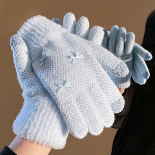 蓝色蝴蝶结软糯针织五指手套女秋冬保暖加厚防寒触屏骑行分指毛绒