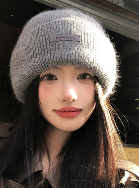 灰色兔毛针织毛线帽女2025新款加厚保暖冷帽大头围显脸小包头帽子