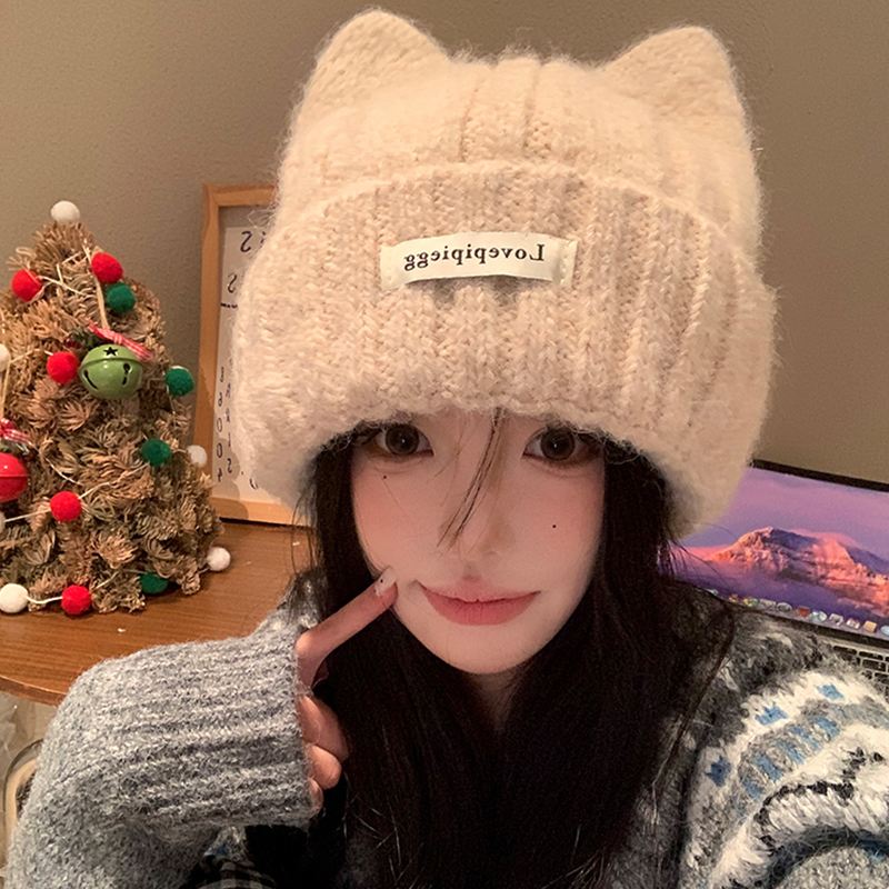 可爱猫耳朵针织毛线帽女秋冬季韩