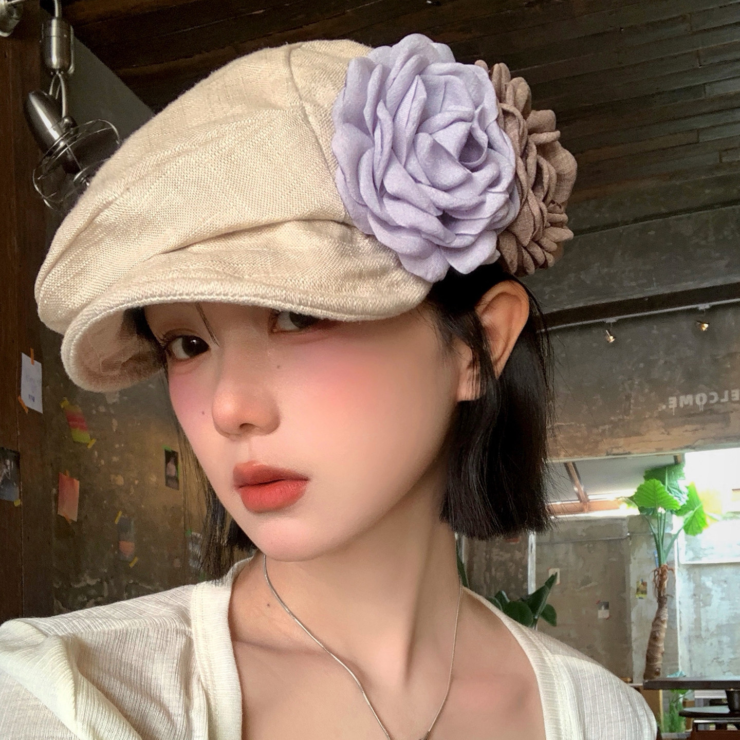 复古撞色花朵亚麻褶皱贝雷帽女秋季文艺百搭显脸小画家帽子报童帽
