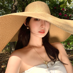 超大帽檐海邊沙灘草帽女夏季 度假風拍照遮陽防曬太陽帽子 2025新款