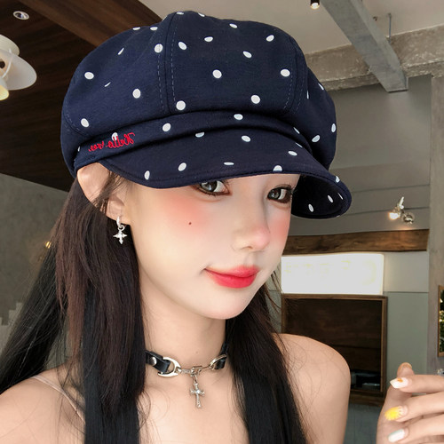 韩系波点字母刺绣八角贝雷帽子女