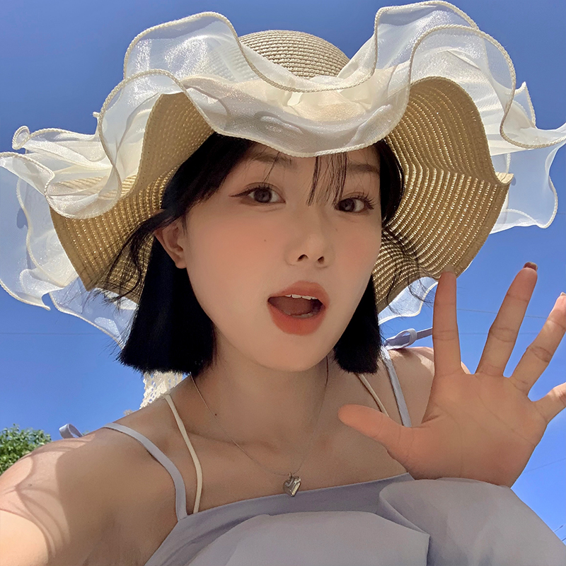 法式蕾丝草编蝴蝶结大帽檐草帽女