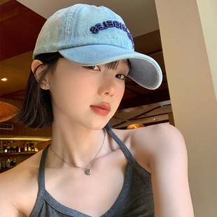 牛仔水洗字母刺绣蓝色棒球帽宽帽檐大脸显脸小鸭舌帽女大头围帽子