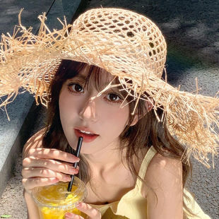 拉菲草編織沙灘帽海邊出游大帽檐遮陽防曬太陽帽子 鏤空草帽女夏季