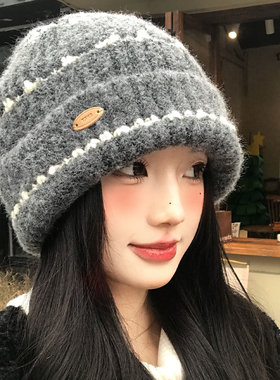 灰色大头围条纹毛线帽女冬季加厚