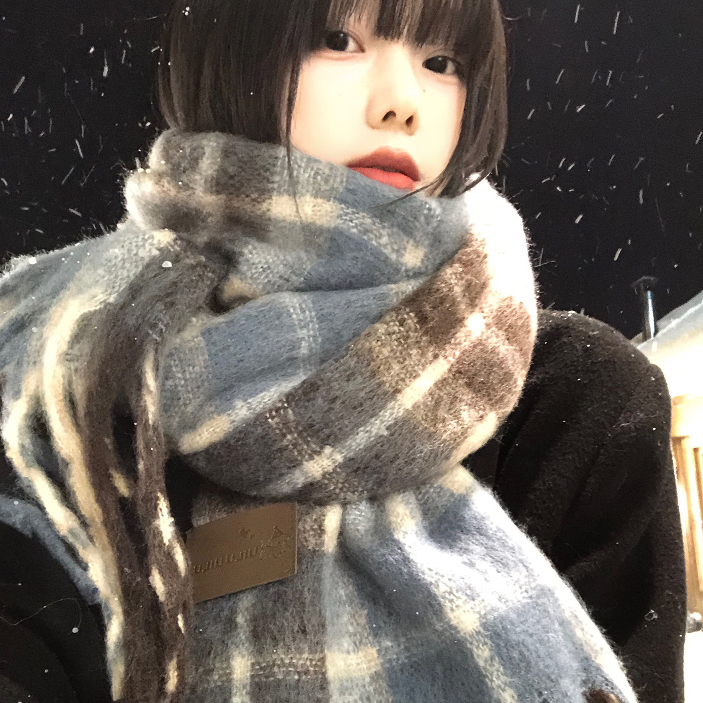 韩系氛围感流苏格子针织围巾女冬