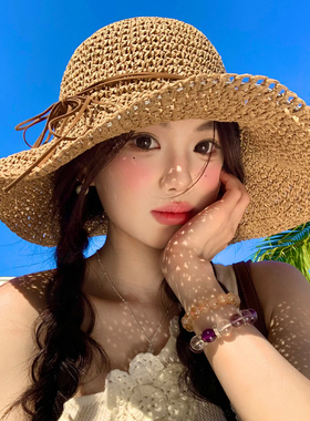 蝴蝶结镂空编织草帽女夏季沙滩海边度假大帽檐遮阳防晒帽子渔夫帽