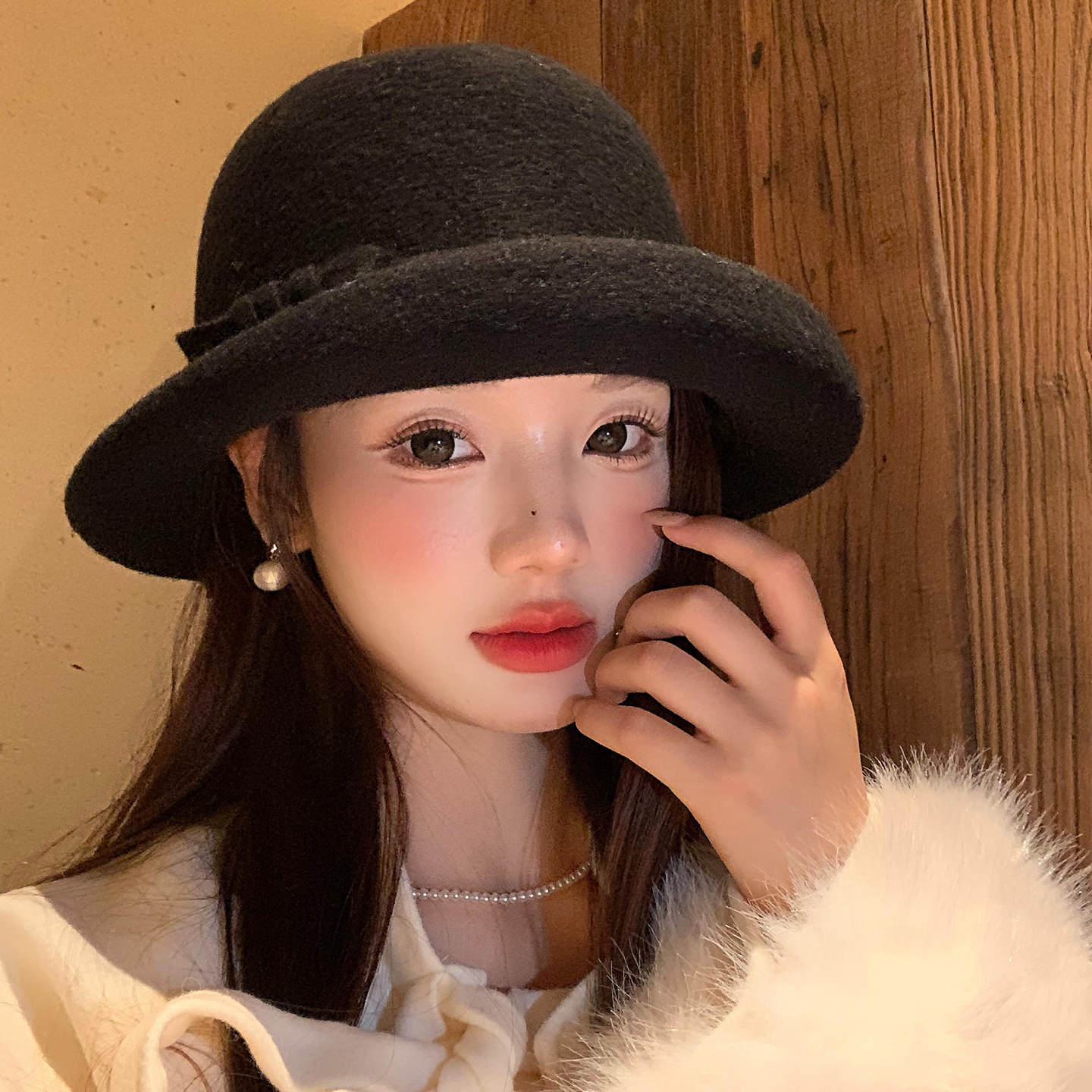 法式黑色蝴蝶结珍珠毛呢礼帽女