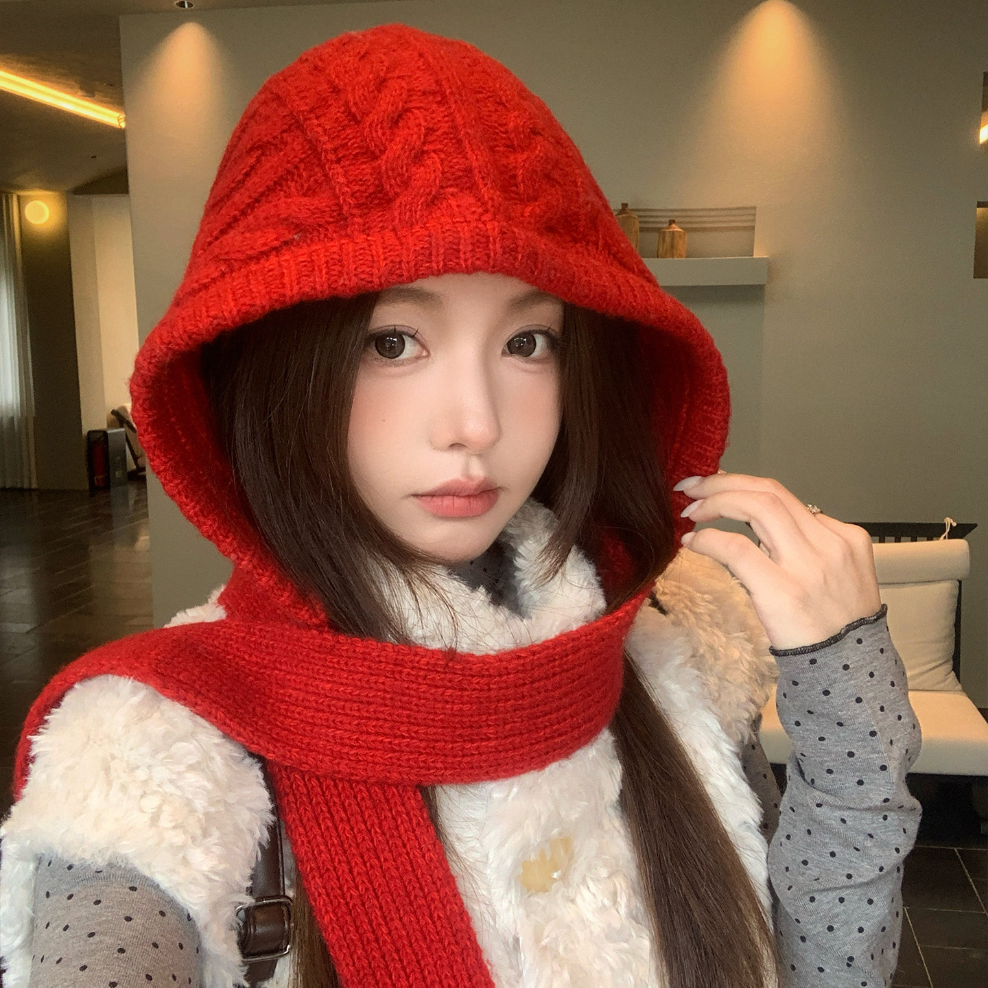 羊毛混纺红色麻花针织巴拉克拉法帽女秋冬季保暖毛线帽子围巾一体
