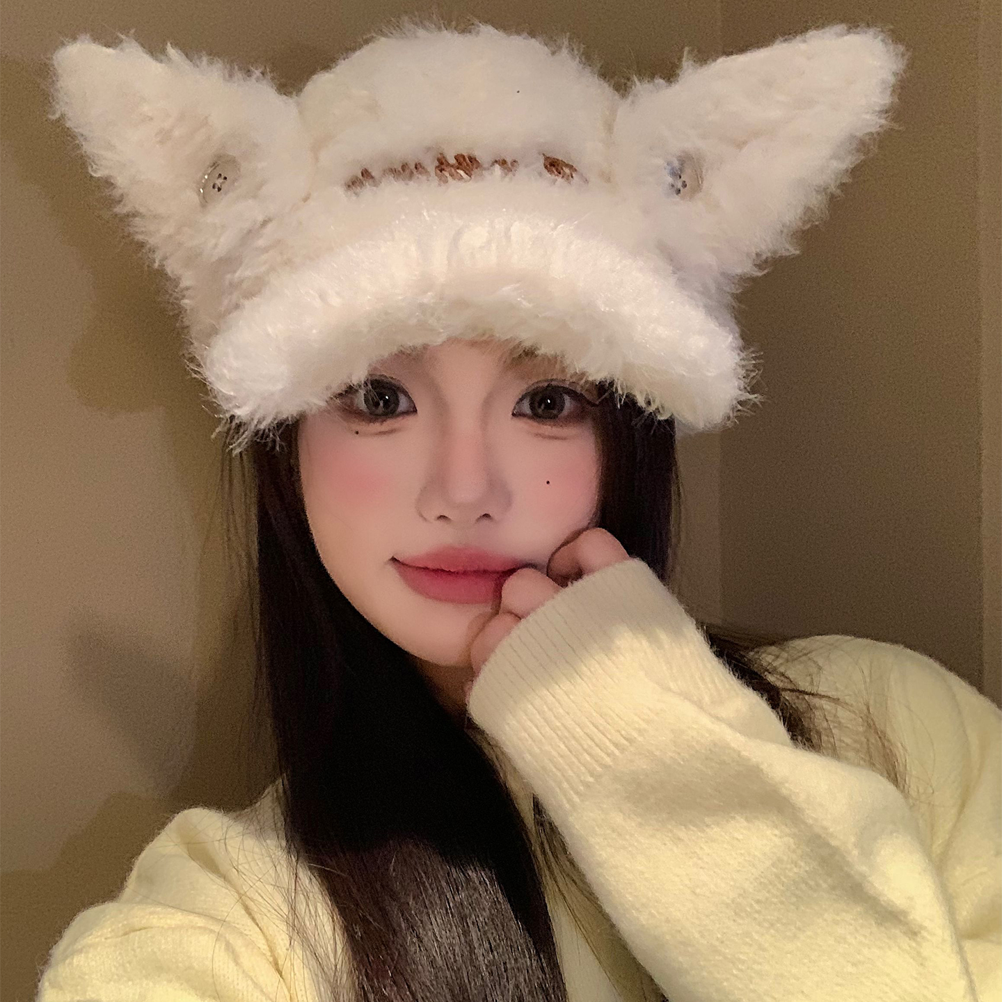 可爱天使翅膀纽扣毛绒棒球帽女款冬季显脸小大头围帽子保暖鸭舌帽