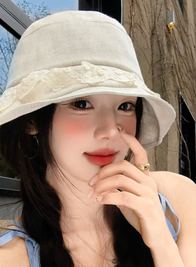 日系蕾丝白色渔夫帽女士春夏户外大头围遮阳防晒帽显脸小水桶帽子