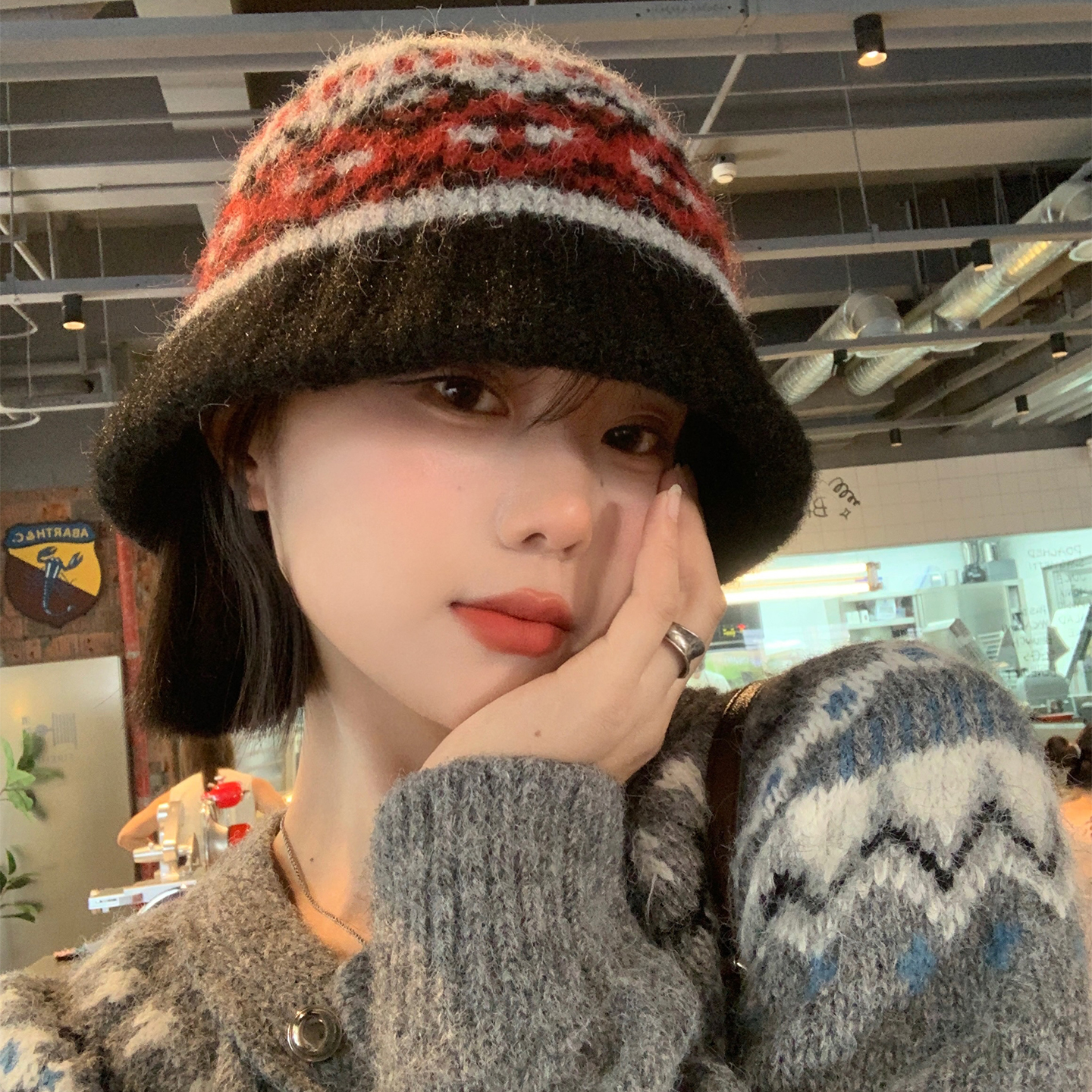 费尔岛风针织撞色渔夫帽子女2025