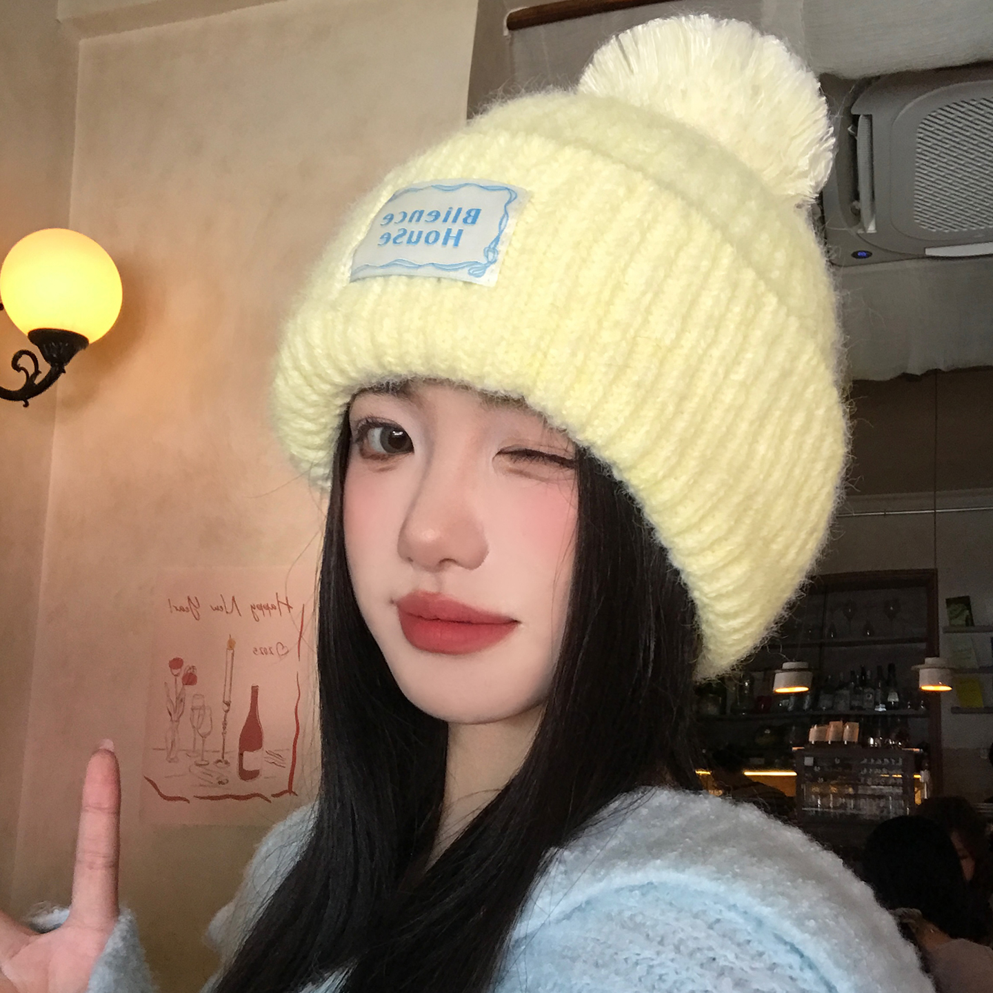 黄色毛球针织毛线帽女秋冬季大头围保暖套头帽子显脸小防寒包头帽