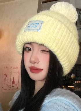黄色毛球针织毛线帽女秋冬季大头围保暖套头帽子显脸小防寒包头帽